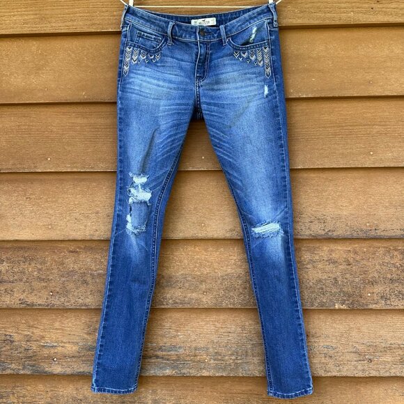 Hollister Embroidered Skinny Distressed MId-Rise Blue Jeans Size 5 - Picture 1 of 14